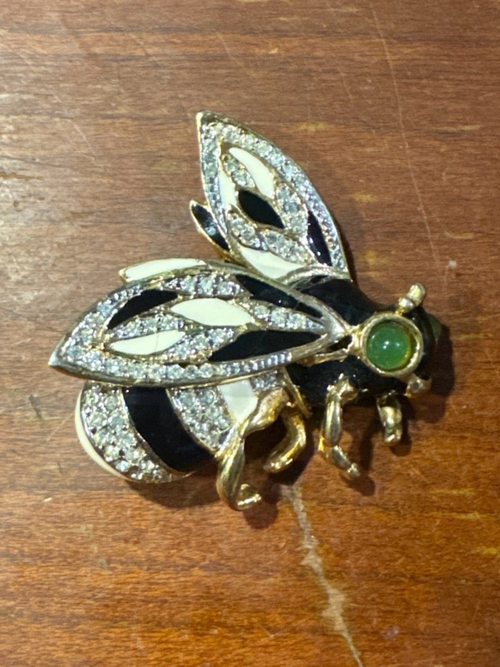 Vintage Kenneth J Lane Bee Brooch Black & White Enamel, Crystals, Green cabochon